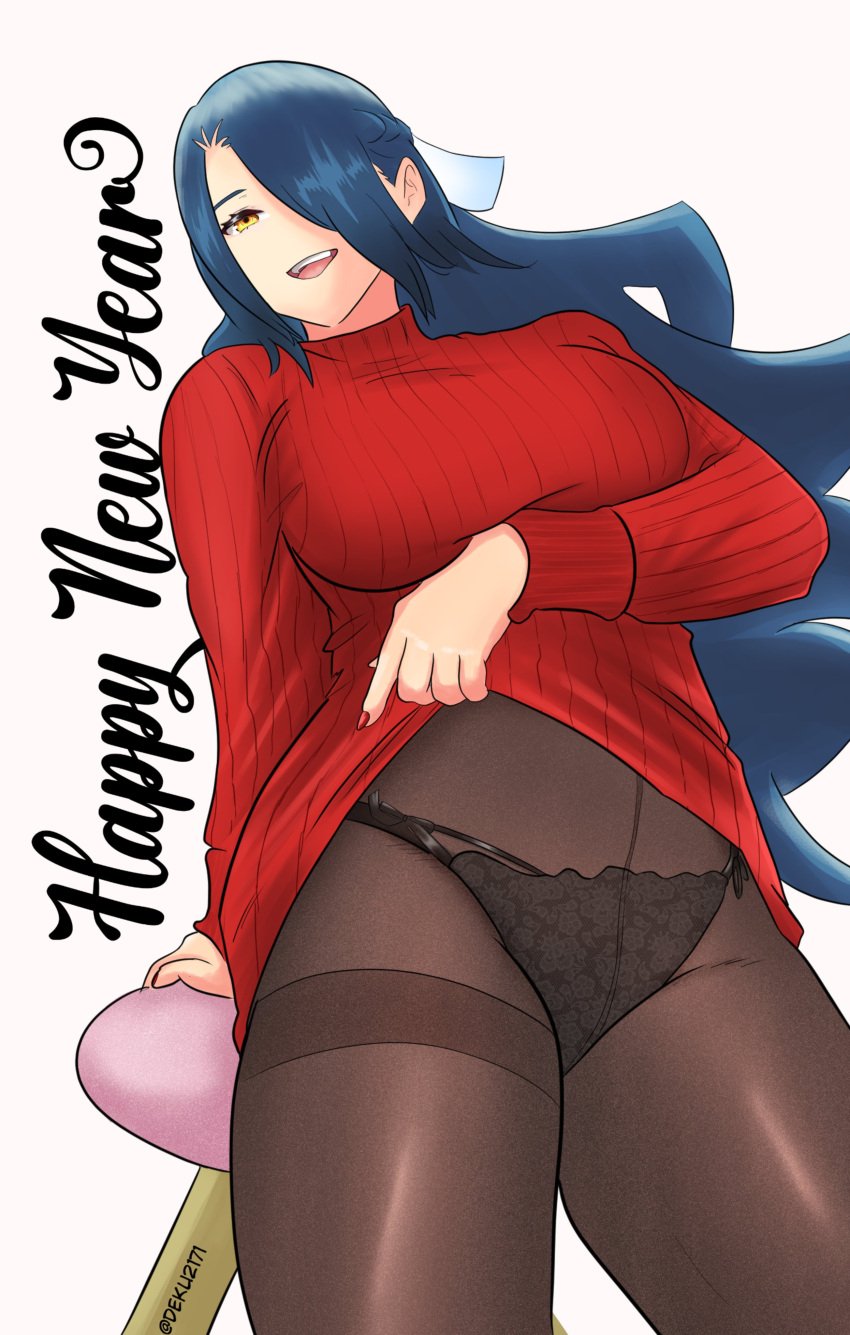 azuma_fubuki blue_hair hair_ribbon happy_new_year large_breasts long_hair mato_seihei_no_slave milf new_year red_sweater ribbon sweater underwear yellow_eyes