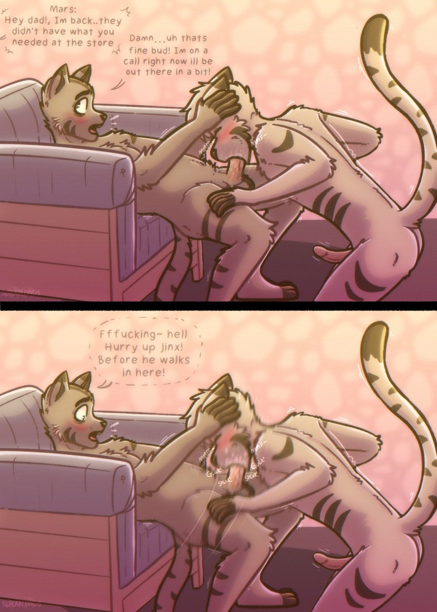 absurd_res anthro anthro_on_anthro ass balls blush bodily_fluids chair comic cum cum_in_mouth cum_inside cum_on_face dialogue digital_media_(artwork) domestic_cat duo ejaculation english_text erection father_(lore) father_and_child_(lore) father_and_son_(lore) felid feline felis fellatio fur fur_markings furniture genital_fluids genitals grey_body grey_fur hair hi_res holding_head hug hugging_another incest_(lore) irrumatio jinx_(solarlewds) male male/male male_penetrating mammal markings motion_lines nude open_mouth oral oral_penetration orgasm parent_(lore) parent_and_child_(lore) parent_and_son_(lore) penetration penile penis sega sex simon_(solarlewds) simple_background sitting solarlewds son_(lore) sonic_(series) sonic_the_hedgehog sonic_the_hedgehog_(series) tail text throat_swabbing tongue walk-in