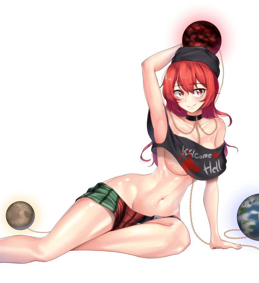 armpits belly bellybutton clothing female hecatia_lapislazuli leo23 looking_at_viewer red_eyes red_hair smile solo touhou underboob white_background