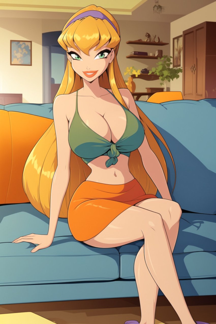 1girls ai_generated bimbo blonde_hair cleavage couch couch_sitting curvy curvy_female female female_only green_eyes green_top hairband her_brother_drives_a_subaru huge_breasts indoors lipstick living_room long_hair midriff orange_skirt self_upload sitting skirt smile solo stable_diffusion stella_(winx_club) winx_club