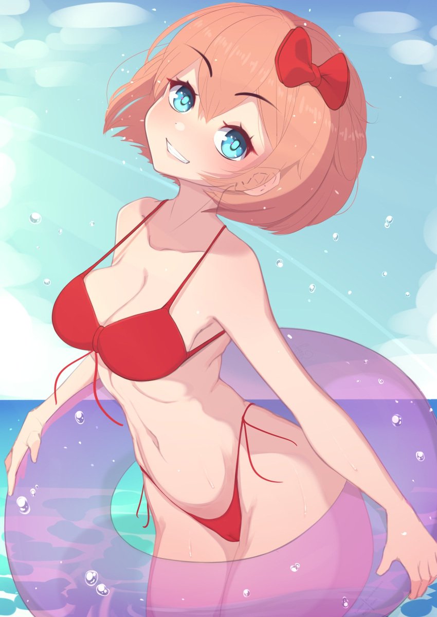 1girls bikini bikini_bottom bikini_top blue_eyes boobs breasts doki_doki_literature_club female female_only fiera_(artist) sayori_(doki_doki_literature_club) short_hair solo solo_female solo_only strawberry_blonde_hair teeth