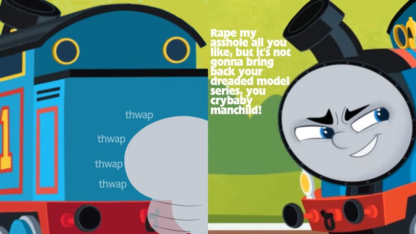 2boys accurate_art_style anal anal_sex anon anonymous_male brake_cussy brat bratty consensual_non_consent dialogue edit edited edited_image edited_screencap insulting_partner locomotive male/male mattel older_penetrating_younger osugaki text thomas_and_friends thomas_and_friends_all_engines_go thomas_the_tank_engine train unseen_male_face young younger_penetrated