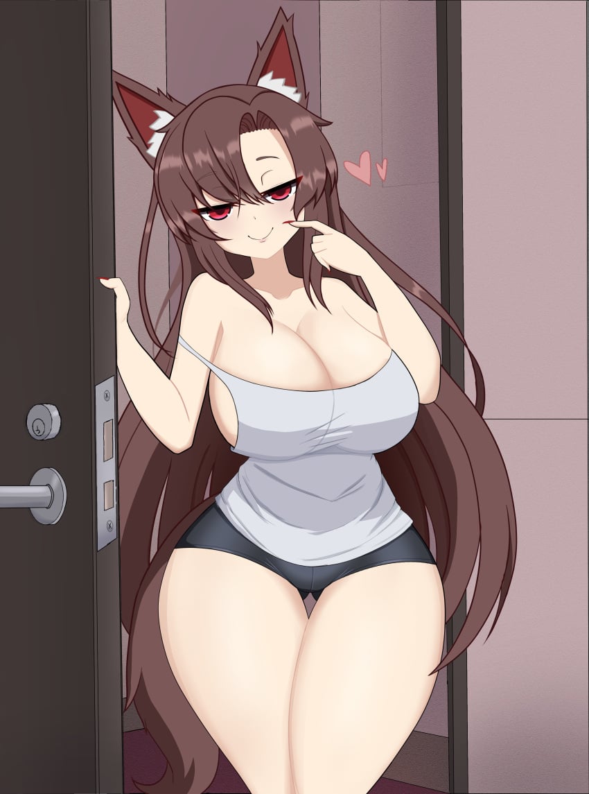 animal_ears animal_tail big_breasts brown_hair cleavage darkwrath door female heart imaizumi_kagerou kagerou_imaizumi red_eyes touhou