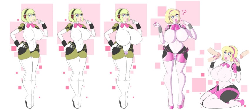 aegis_(persona) aigis_(persona) atlus bimbo bimbofication blonde_hair blue_eyes breast_expansion female headphones high_heel_boots high_heels high_heels_boots persona persona_3 robot sealguy sega short_hair transformation