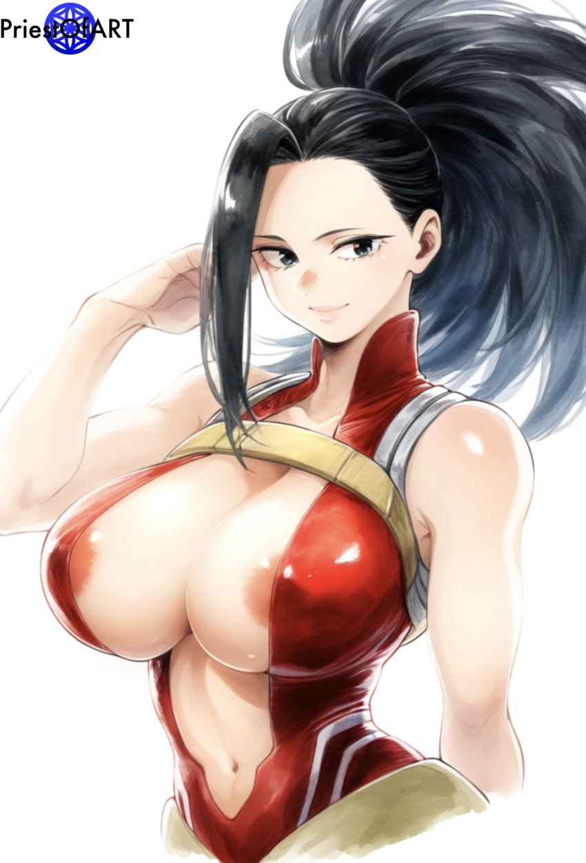 1girls ai_generated areola_slip big_breasts black_eyes black_hair boku_no_hero_academia color female female_focus female_only huge_breasts large_breasts momo_yaoyorozu my_hero_academia open_clothes ponytail priestofart simple_background solo solo_female solo_focus tagme tagme_(artist) tagme_(character) thin_waist upper_body white_background