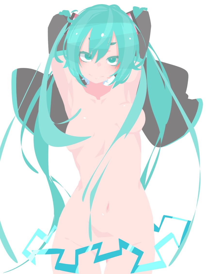 1girls armpits arms_up belly_button breasts convenient_censoring female female_only hara_id_21 hatsune_miku looking_at_viewer midriff nude nude_female smile solo solo_female vocaloid