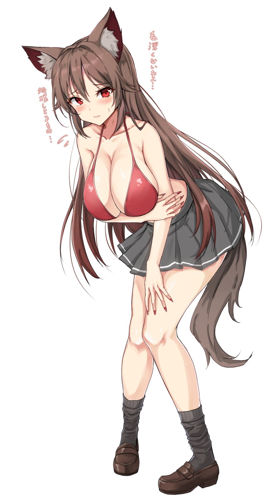 amagi_(amagi626) animal_ears big_breasts blush bra brown_hair cleavage imaizumi_kagerou kagerou_imaizumi red_eyes red_nails touhou white_background