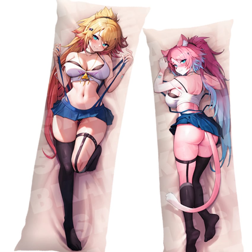 1female 1girls animal_ears ass ass_focus bed big_ass big_breasts blue_eyes blue_skirt blush blushing bodypillow female female_only ginger ginger_hair girl hair hairband laying_down laying_on_back laying_on_bed laying_on_stomach light-skinned light-skinned_female light_skin long_hair looking_at_viewer looking_back naughty naughty_face no_sex obkatiekat on_side orange_hair pink_hair ponytail seductive short_skirt simple_background skirt smile solo solo_female tail thigh_highs thigh_socks thigh_strap thighhighs thighs virtual_youtuber vtuber