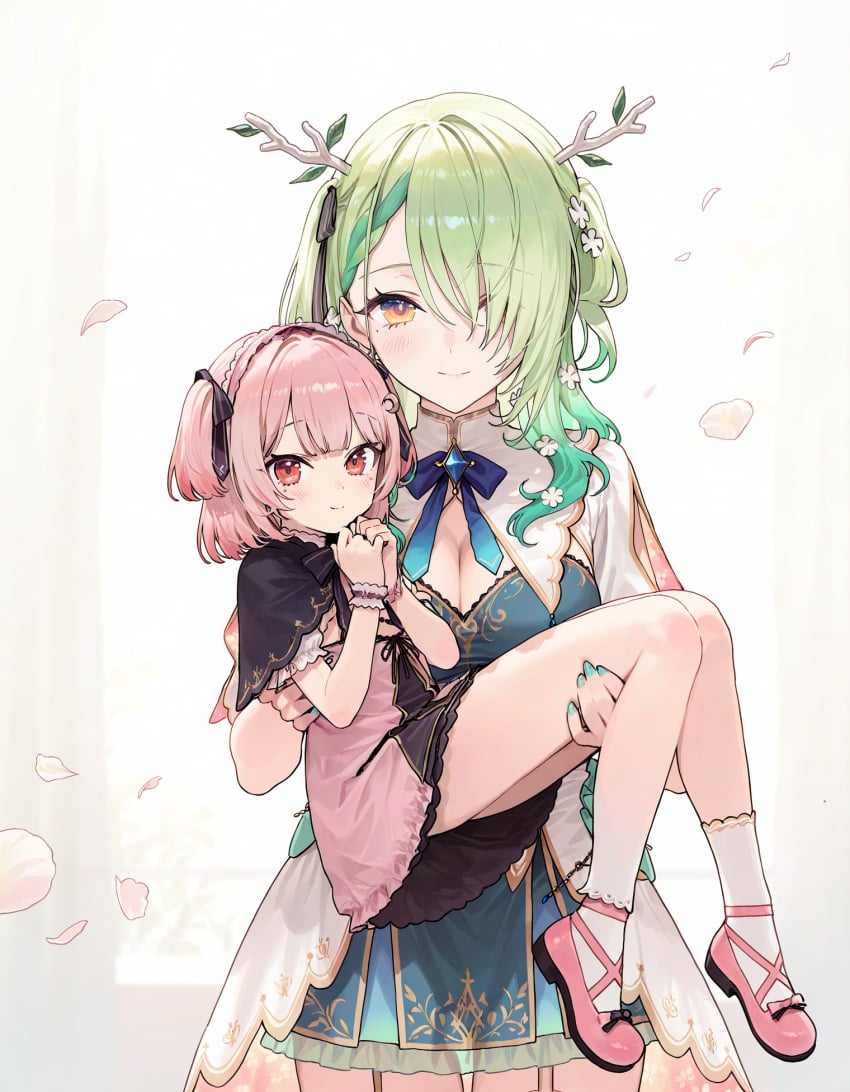 2girls ai_generated antlers beauty_mark braid breasts carrying_partner ceres_fauna cleavage female green_hair hair_over_one_eye hololive hololive_english hololive_english_-council- hololive_english_-promise- indie_virtual_youtuber lemonleaf light-skinned_female light_green_hair long_hair looking_at_viewer mole mole_under_eye multiple_girls pink_eyes pink_hair virtual_youtuber vtuber vtuberfanart yellow_eyes youtube