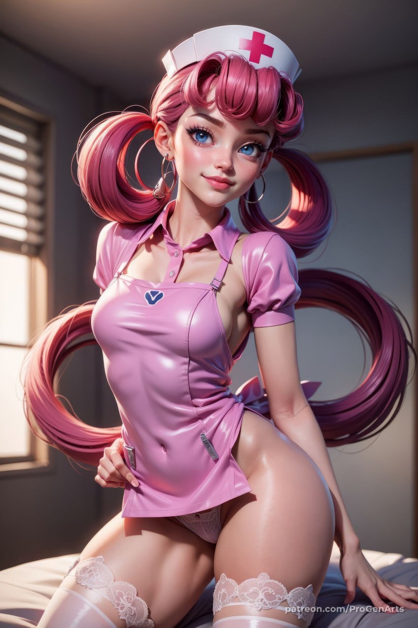 1girls ai_generated apron artist_name blue_eyes breasts covered_navel earrings hair_rings hand_on_own_hip hat hi_res indoors jewelry lips long_hair looking_at_viewer medium_breasts nintendo nurse nurse_cap nurse_joy panties patreon_username pink_hair pokemon pokemon_(game) progenarts red_hair short_sleeves smile solo thighhighs twintails underwear very_long_hair watermark web_address white_panties white_thighhighs window