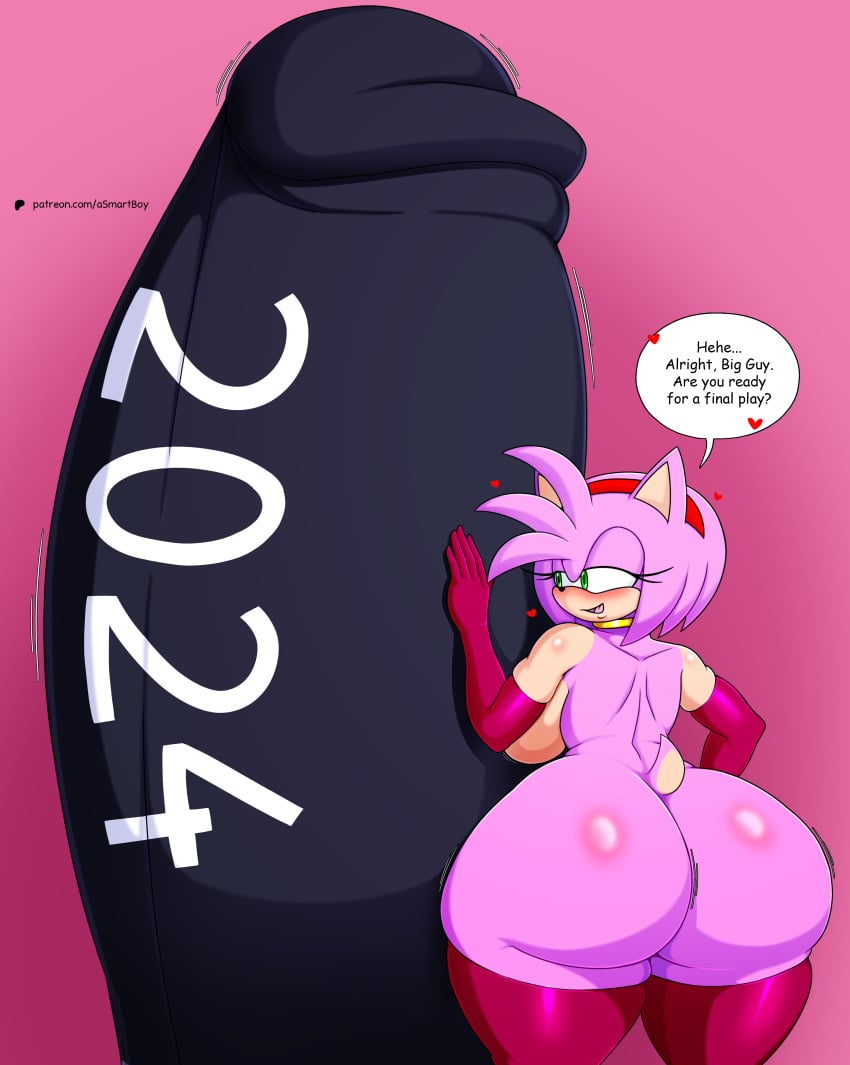 absurd_res amy_rose anthro asmartboy ass big_breasts big_butt biped blush breasts clothed clothing dialogue dildo eulipotyphlan eyelashes female hair hedgehog hi_res huge_butt hyper_dildo legwear mammal open_mouth pink_body pink_hair pupils rear_view sega sex_toy simple_background smile solo sonic_(series) sonic_the_hedgehog_(series) speech_bubble text thick_thighs thigh_highs