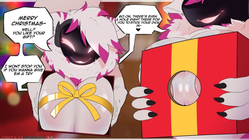 big_breasts breast_squish breasts female furry gift_box inviting jadenarts looking_at_viewer nipples present protogen smiling talking_to_viewer text