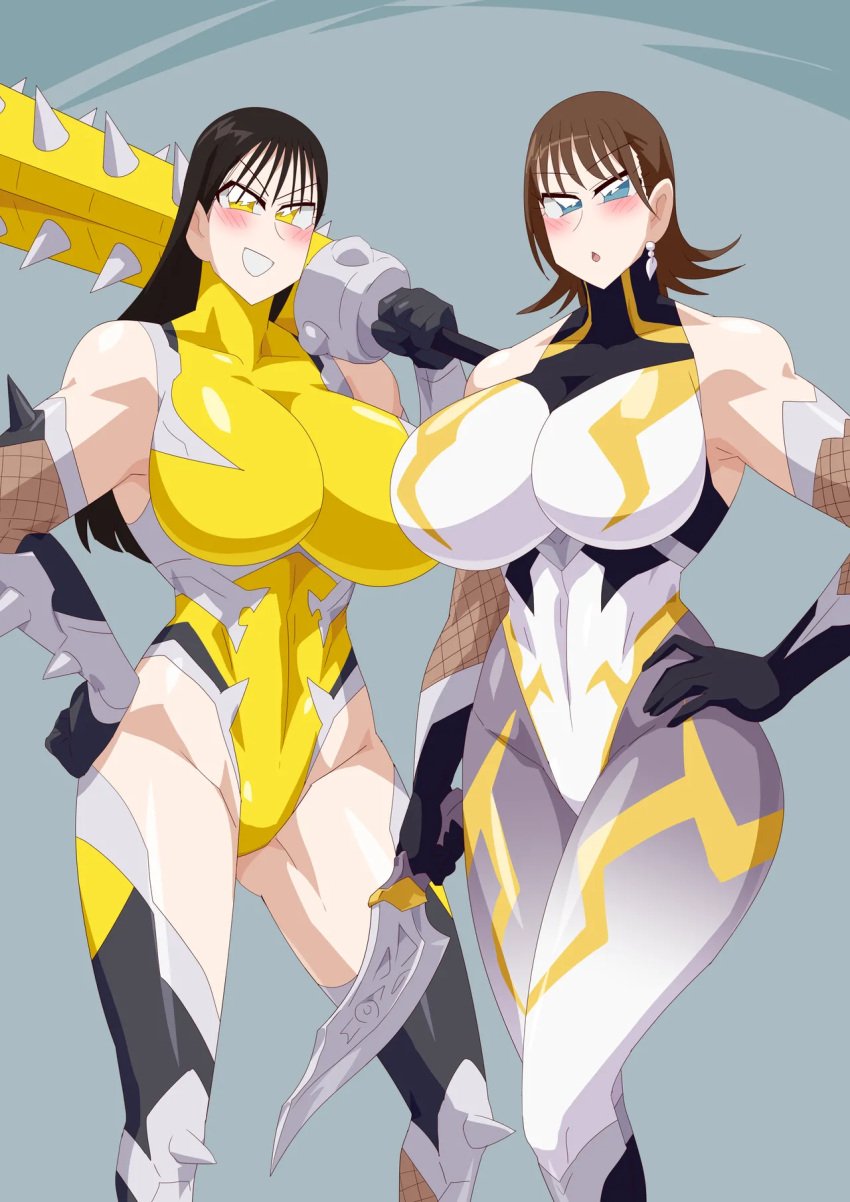 2girls alluring avataro_sentai_donbrothers big_breasts blue_eyes bodysuit brown_hair haruka_kito holding_weapons leotard otokam1117 pin_up posing sononi super_sentai thighhigh_boots yellow_eyes