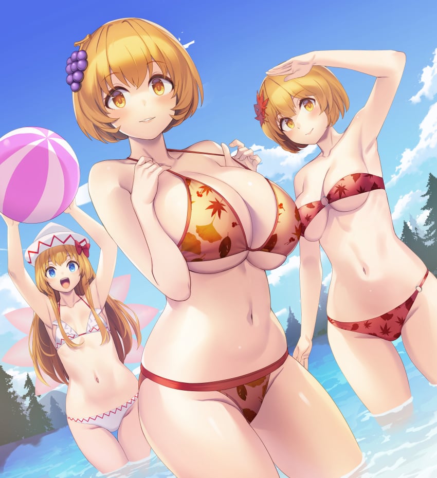 beach_ball belly big_breasts bikini blonde_hair breasts lily_white minoriko_aki shizuha_aki tarmo touhou water yellow_eyes