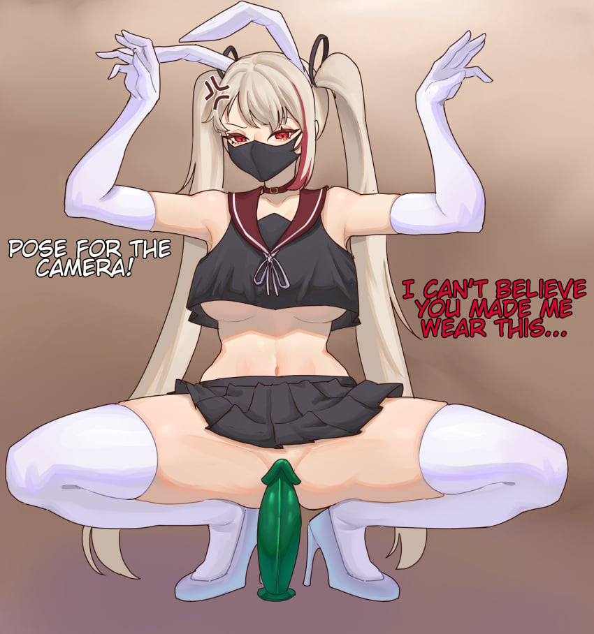 1boy 1girls alternate_costume annoyed arm_gloves arms_up black_clothing blonde_hair bunny_ears bunny_girl bunny_pose bunny_tail buttplug_tail choker dialogue dildo edit frilled_skirt glaring hair_highlights hand_on_head high_heels humiliation kousetsu_(shinobi_no_ittoki) legs_apart lewdsa masked midriff miniskirt mouth_mask navel red_eyes sailor_collar school_uniform schoolgirl shinobi_no_ittoki skirt skirt_up squatting text thighhighs twintails underboob white_gloves white_legwear white_thighhighs