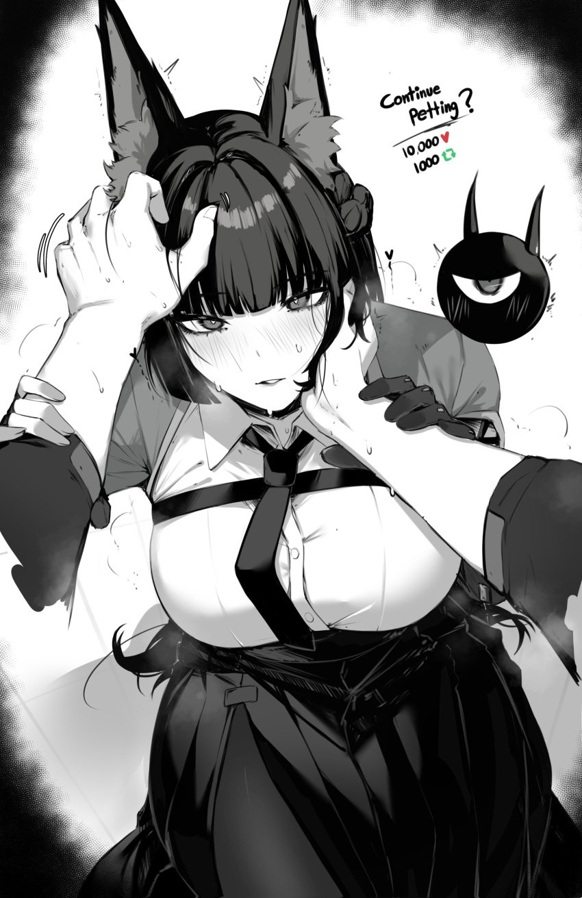 1boy 1girls 2024 animal_ears big_breasts black_legwear blush bowtie breasts fox_ears fox_girl hands hoshimi_miyabi large_breasts male_pov masoq095 monochrome petting pov shirt sitting skirt stockings wise_(zenless_zone_zero) zenless_zone_zero