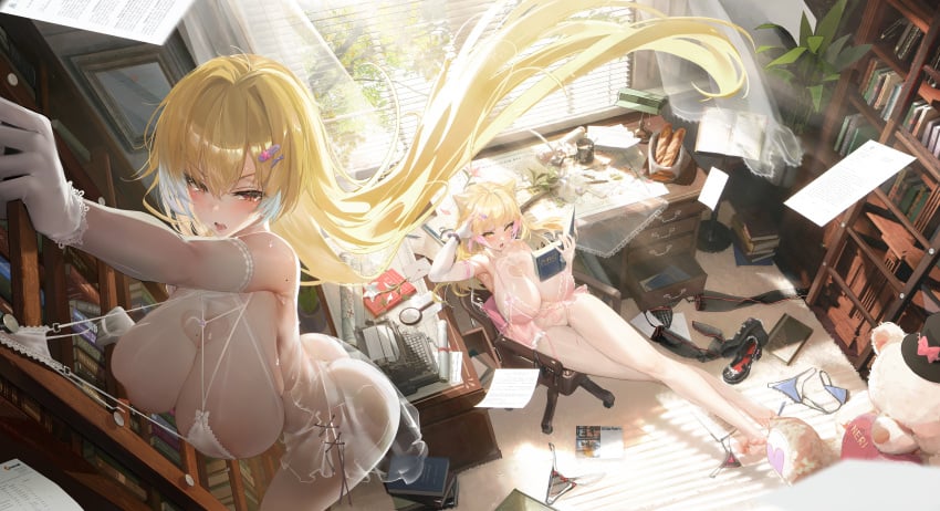 2girls absurdres ass bare_shoulders barefoot bent_over blonde_hair blush bodysuit book bookshelf bra breasts chair character_request cleavage crosscore cum curtains desk elbow_gloves feet floating_hair flower gloves hair_between_eyes hair_flower hair_ornament hairclip highres holding huge_breasts indoors large_breasts lingerie long_hair looking_at_viewer mole mole_under_eye monitor multiple_girls nipples nude open_mouth panties paper pen plant potted_plant pussy red_eyes see-through_clothes shoes sitting smile soles stylus sunlight table thighhighs thighs thong underwear very_long_hair wardrobe_malfunction wet white_bra white_gloves white_panties window yellow_eyes zer_z2