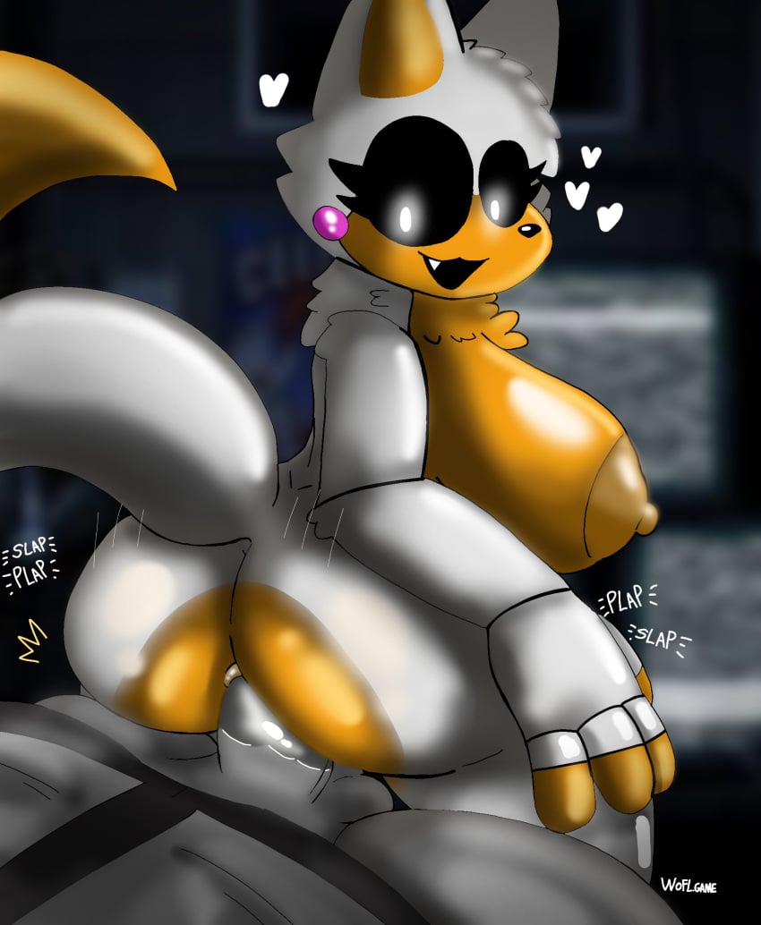 big_breasts cum cum_in_ass eyelashes fnaf fnaf_sister_location fnafsl fox_ears fox_girl fox_tail lolbit_(fnaf) looking_back onomatopoeia penetrating_ass sister smile smiling_at_viewer void_eyes white_pupils woflgame