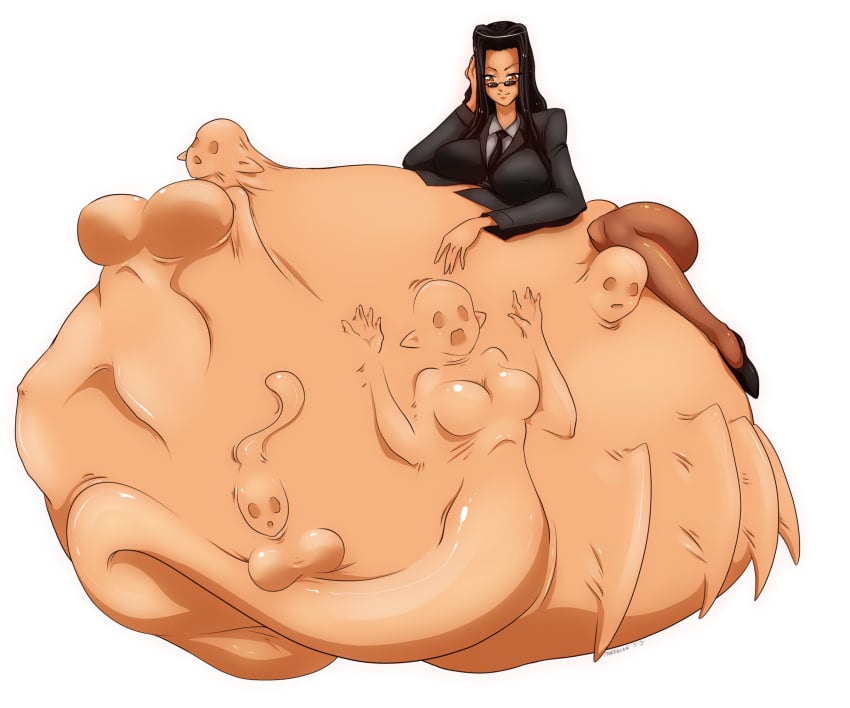 big_breasts black_hair breast_imprints breasts centorea_shianus clothed_female detailed_bulges digestion face_imprint female_pred female_prey hand_imprints huge_belly huge_breasts human_pred implied_digestion kuroko_smith marrazan massive_belly miia_(monster_musume) monster_musume_no_iru_nichijou multiple_prey rachnera_arachnera smile struggling_prey suu_(monster_musume) unwilling_prey vore vore_belly