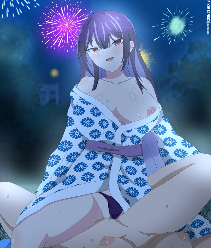 2girls blush censored female female_only female_pov fireworks haitekudasai_takamine-san hi_res kurigami large_breasts lesbian_sex nipples nude_female purple_hair red_eyes scissoring sweat takamine_takane tribadism wet yuri