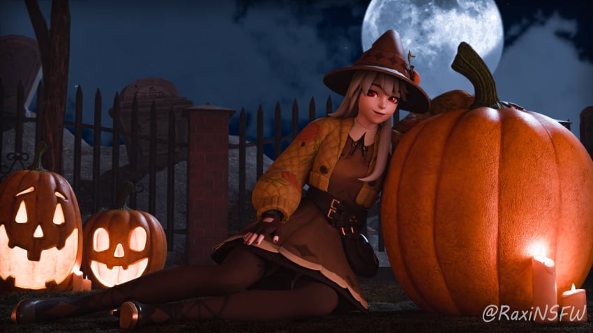 3d alternate_version_available clothed clothed_female clothing female female_only fortnite fortnitemares fully_clothed fully_clothed_female grey_hair halloween laying_down laying_on_ground lexa_(fortnite) lexa_hexbringer_(fortnite) long_hair looking_at_viewer pumpkin pumpkin_patch raxinsfw red_eyes sfw sfw_version solo solo_female witch_hat