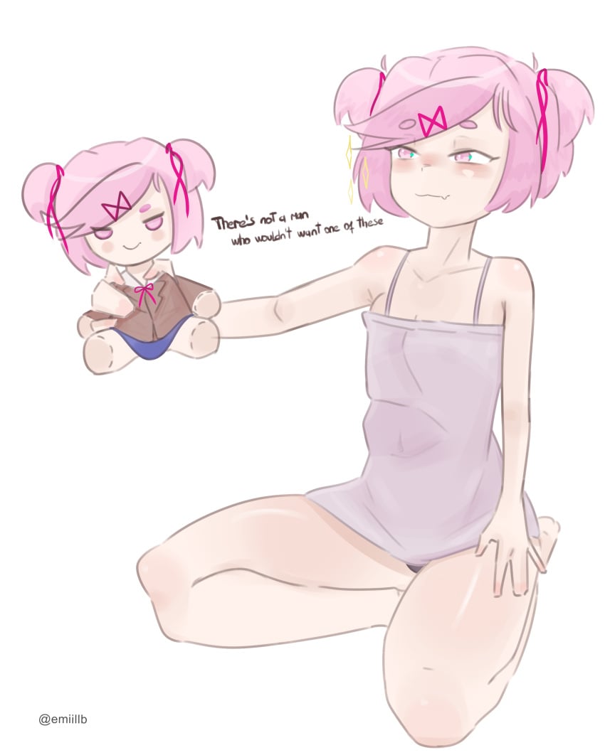 1female 1girls bare_shoulders doki_doki_literature_club doll emiillb english_text natsuki_(doki_doki_literature_club) pink_eyes pink_hair plush plushie text thighs twitter_username