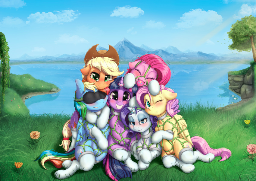 2017 absurd_res alcor90 alicorn applejack_(mlp) blindfold blonde_hair blue_eyes blush closed_eyes clothing cowboy_hat crotchboobs cutie_mark detailed_background dildo_gag earth_pony equine feathered_wings feathers female flower fluttershy_(mlp) friendship_is_magic gag grass green_eyes grin group hair hat hi_res horn horse legwear looking_at_viewer mammal mane_six_(mlp) mountain multicolored_hair my_little_pony one_eye_closed outdoors pegasus pink_hair pinkie_pie_(mlp) plant pony presenting_teats purple_eyes rainbow_dash_(mlp) rainbow_hair rarity_(mlp) sex_toy smile tears tree twilight_sparkle_(mlp) unicorn wing_hug wings