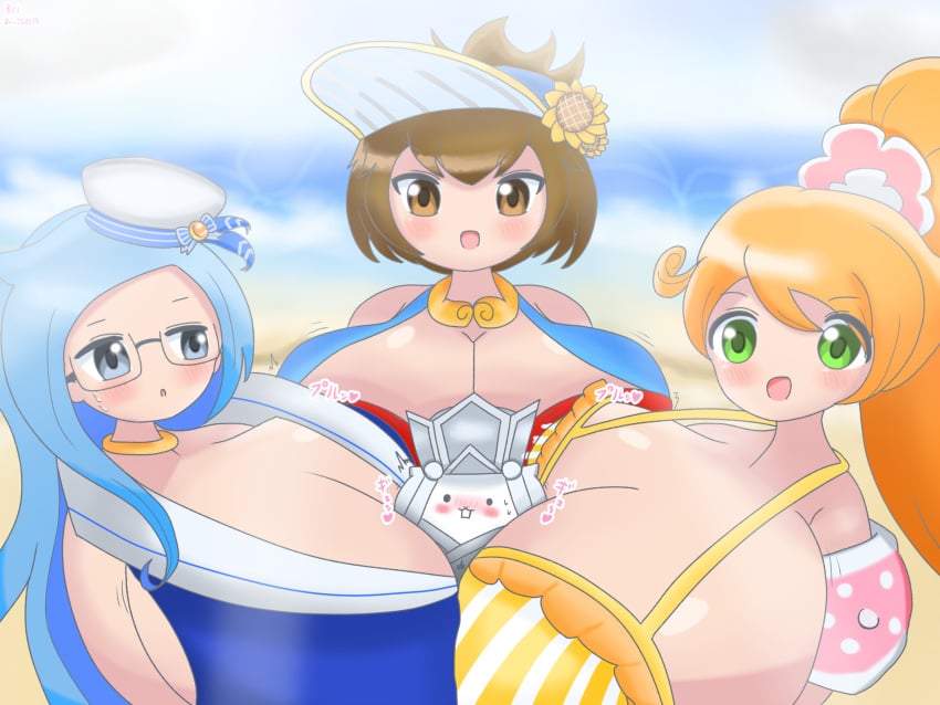 1boy 3girls barely_contained beach bikini blue_eyes blue_hair blush breast_expansion breasts breasts_bigger_than_head brown_eyes brown_hair clothed collar color coppermine_(battle_cats) cute digital_media_(artwork) extremely_long_hair feline full_body_paizuri galaxy_gals green_eyes hat huge_breasts human hyper_breasts large_breasts light_skin long_hair looking_at_viewer motion_lines nyanko_daisensou ocean orange_hair paizuri ponytail popkun_dao sailor_bikini sailor_collar sailor_hat sanzo_cat short_hair smile sunbeam sweat teenager the_battle_cats triple_paizuri visor water_wings