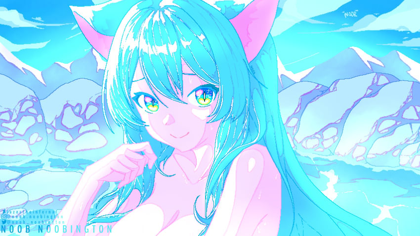 big_breasts breasts cat_ears hot_spring naked nekomimi noob_noobington pixel_art shiny_hair shiny_skin smile wet wet_body wet_skin