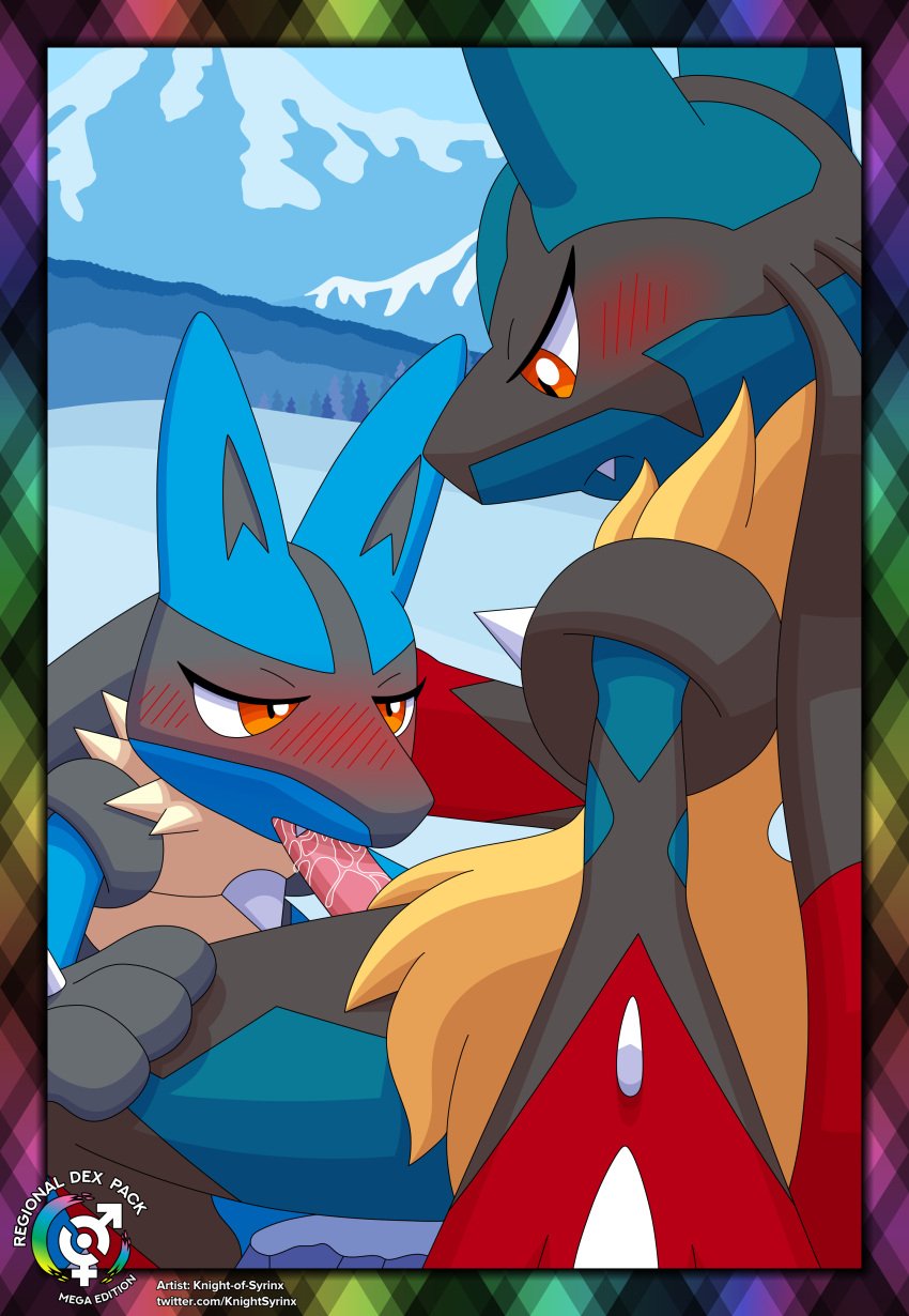 3_fingers absurd_res ambiguous_gender ambiguous_penetrated animal_genitalia_on_humanoid anthro black_body black_fur black_markings blue_body blue_fur blush blush_lines bodily_fluids border canid canine cute_fangs day detailed_background duo facial_markings fangs fingers forest fur generation_4_pokemon generation_6_pokemon genitals gloves_(marking) hand_on_face hand_on_leg head_markings hi_res hill kneeling knight-of-syrinx looking_at_another looking_at_partner looking_pleasured lucario male male/ambiguous male_penetrating male_penetrating_ambiguous mammal markings mask_(marking) mega_evolution mega_lucario mountain mountain_background narrowed_eyes nintendo on_rock oral oral_penetration outside outside_sex penetration penis pink_penis plant pokemon pokemon_(species) portrait red_body red_eyes red_fur red_markings rock saliva saliva_on_penis sex sitting snow spikes spikes_(anatomy) tan_body tan_fur tan_tuft teeth text tree tuft url watermark