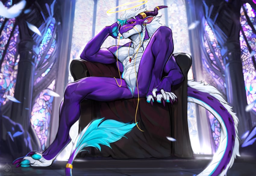 absurd_res angel angelic animal_genitalia avian bird chair furniture genital_slit genitals glass_panes hi_res kingkomo komo paws seat sfw throne