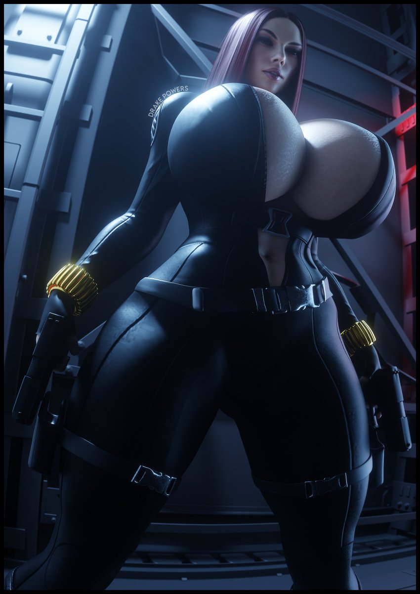 1girl 1girls 3d 3d_(artwork) avengers black_suit black_widow_(marvel) black_widow_(movie) bodysuit bracers cleavage clothed detailed_background drakepowers dual_wielding gear gold_bracers guns huge_breasts huge_tits marvel marvel_cinematic_universe natasha_romanoff pistol_in_hand pistols red_hair skintight skintight_bodysuit skintight_suit solo solo_female solo_focus spy straight_hair voluptuous wristband