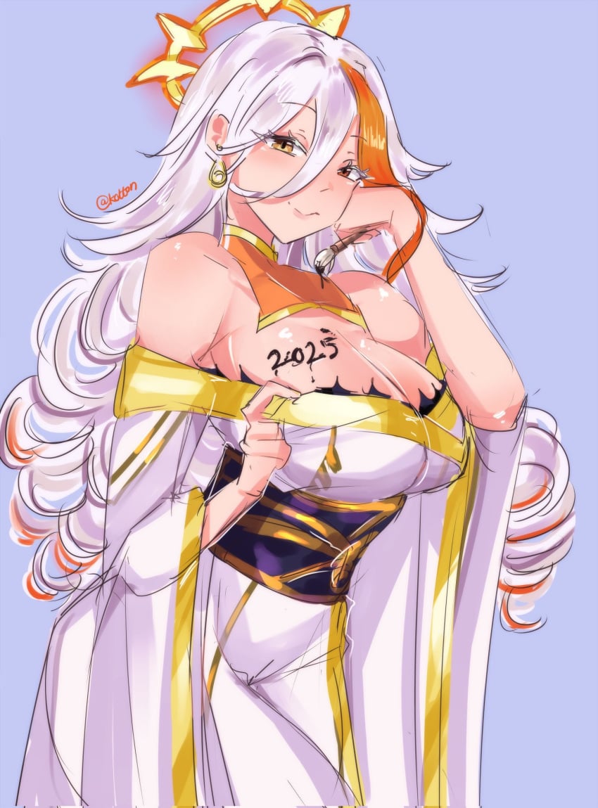 2025 baldr_(fire_emblem_heroes) body_writing breasts drill_hair earrings female fire_emblem fire_emblem_heroes gloves halo heterochromia jewelry large_breasts long_hair multicolored_hair orange_hair red_eyes serafineart1001 solo solo_focus streaked_hair white_gloves white_hair