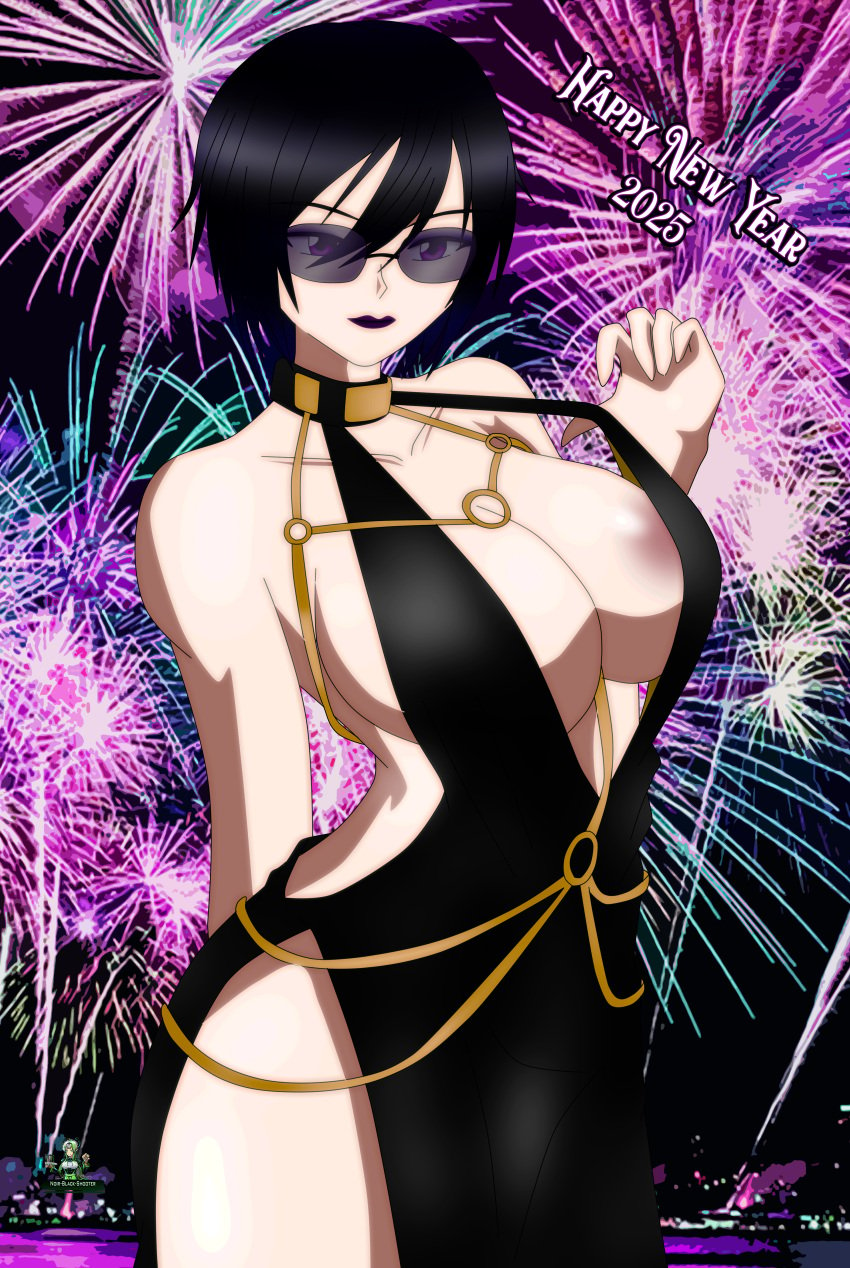 akinama_family_(noir-black-shooter) big_breasts dark_blue_hair dress glasses happy_new_year huge_breasts milf naoki_akinama_(noir-black-shooter) nipples_visible_through_clothing noir-black-shooter oc original original_character purple_eyes short_hair teacher