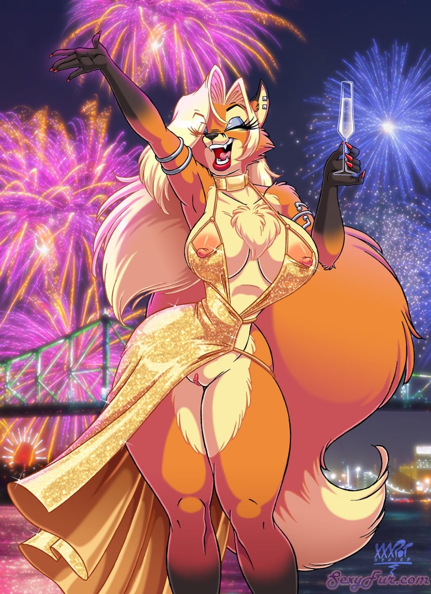 1woman 1women alcohol alcoholic_drink animal_ear_fluff animal_ears animal_nose animal_tail anthro areola areolae arm_up armlet armpits big_breasts big_hips blonde_female blonde_hair blonde_hair_female blue_eyeshadow breasts bushy_tail canid canine canis champagne champagne_(jeremy_bernal) champagne_flute champagne_glass cleavage cleft_of_venus closed_eyes curvaceous curvaceous_body curvaceous_female curvaceous_figure curvaceous_hips curvaceous_thighs curvy curvy_body curvy_female curvy_figure curvy_hips dress drinking_glass ear_piercing eltonpot exposed_areola exposed_areolae exposed_nipple exposed_nipples exposed_pussy exposed_vagina eyebrows eyelashes eyeshadow fangs female female_focus female_only fireworks fox fox_girl fox_tail golden_dress hand_up happy_new_year holding_glass holding_object hourglass_figure long_dress long_hair long_hair_female mammal mammal_humanoid night nipple nipple_slip nipples no_bra open_mouth orange_fur outstretched_arms piercing red_lipstick red_nail_polish red_nails standing teeth thick_hips thick_legs thick_thighs thighs two_tone_fur wide_hipped_anthro wide_hipped_female wide_hips woman_focus woman_only