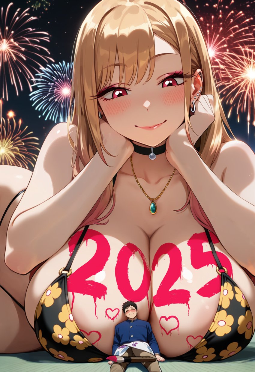 1boy 1girls 2024 ai_generated ass ass_expansion bikini black_hair blonde_hair blush boob_focus breast_expansion breasts bursting_breasts choker collar couple crossed_legs earrings female female_focus female_only fireworks floral_print giantess giantess_growth gojou_wakana growth horny huge_ass huge_breasts huge_butt jewelry kitagawa_marin larger_female magenta_eyes milf multicolored_hair new_year paint pink_hair size_difference skindentation smaller_male sono_bisque_doll_wa_koi_wo_suru thick_thighs thighs thong undersized_clothes wide_hips