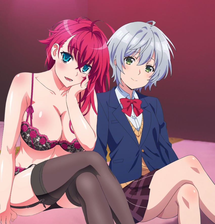 2girls cleavage high_school_dxd kikuchi_fuuka large_breasts lingerie medium_breasts red_hair rias_gremory school_uniform short_hair side_by_side silver_hair sitting