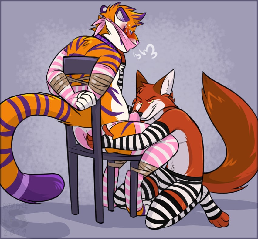 0600hours 2019 anthro anthro_on_anthro arm_warmers armwear blush bondage bondage bound bulge canid canine chair clothing collar dhole duo erection felid gag gagged legwear male male/male mammal pantherine panties rope rope_bondage simple_background skdaffle stockings tiger underwear