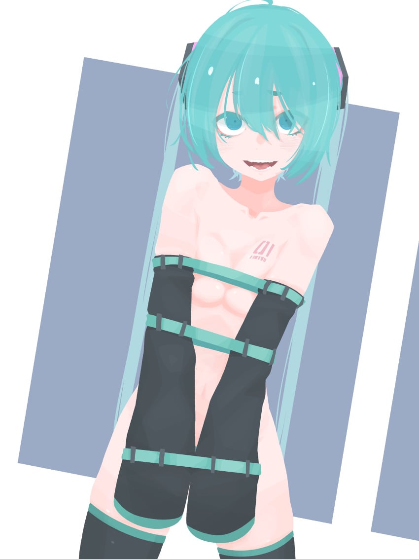 1girls bags_under_eyes breast_squeeze breasts_squeezed_together convenient_censoring female female_only functionally_nude hara_id_21 hatsune_miku looking_at_viewer nude nude_female open_mouth restrained sleeves_past_wrists solo solo_female tattoo vocaloid