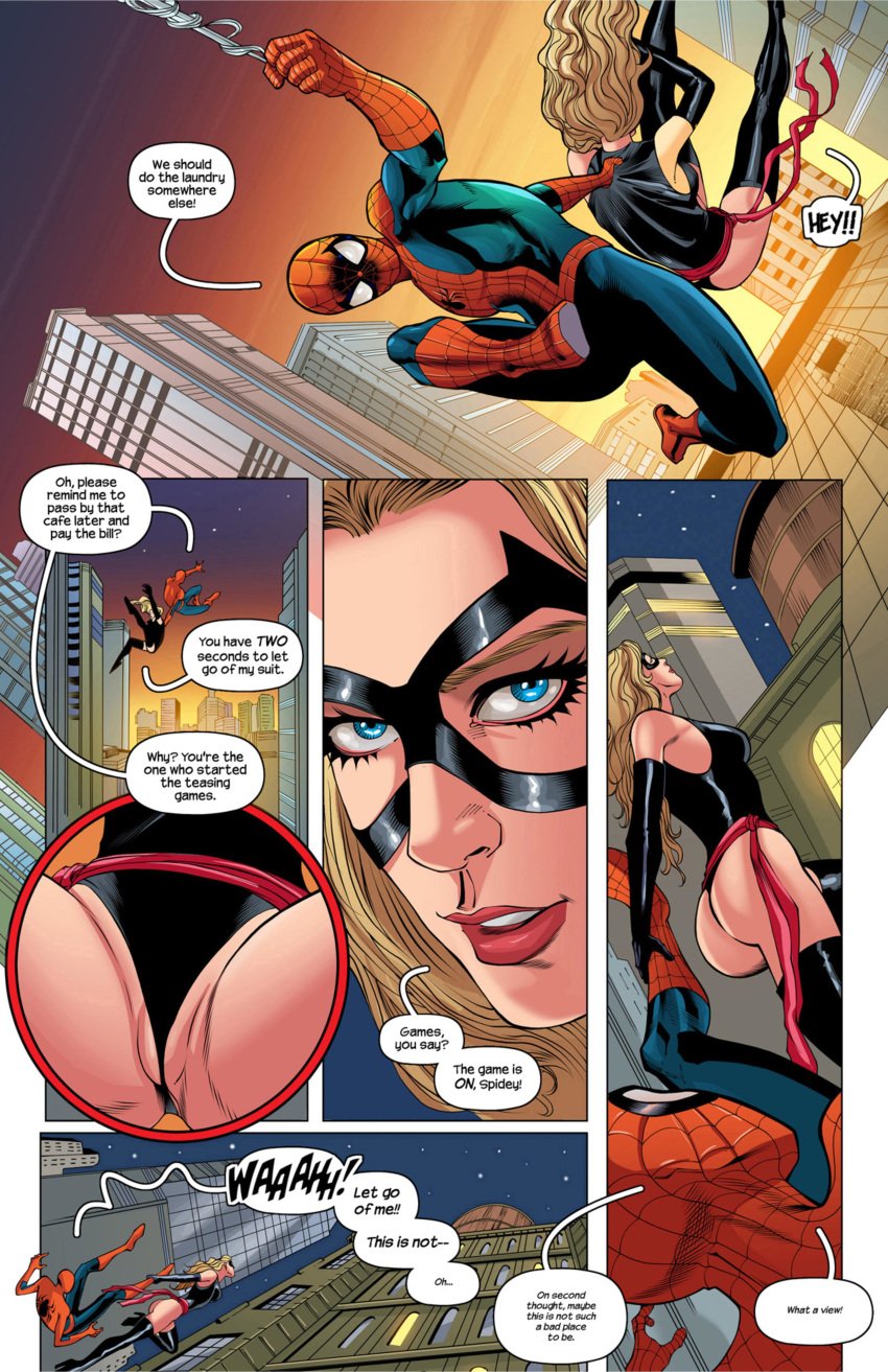 1boy 1girls ass bare_legs big_breasts blonde_hair blue_eyes carol_danvers checking_out clothed comic dat_ass dialogue female flying hetero leotard lipstick long_hair looking_at_ass male marvel ms._marvel ms._marvel_(carol_danvers) peter_parker rllas speech_bubble spider-man spider-man_(series) spread_legs straight_hair superhero superheroine text thong_leotard tracyscops