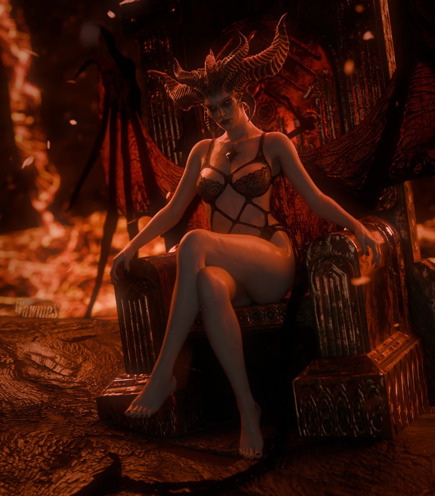 3d blender demon demon_girl demon_horns demon_wings diablo diablo_4 hell lava lilith_(diablo) lingerie sitting sitting_on_chair sitting_on_throne solo_female wawmes