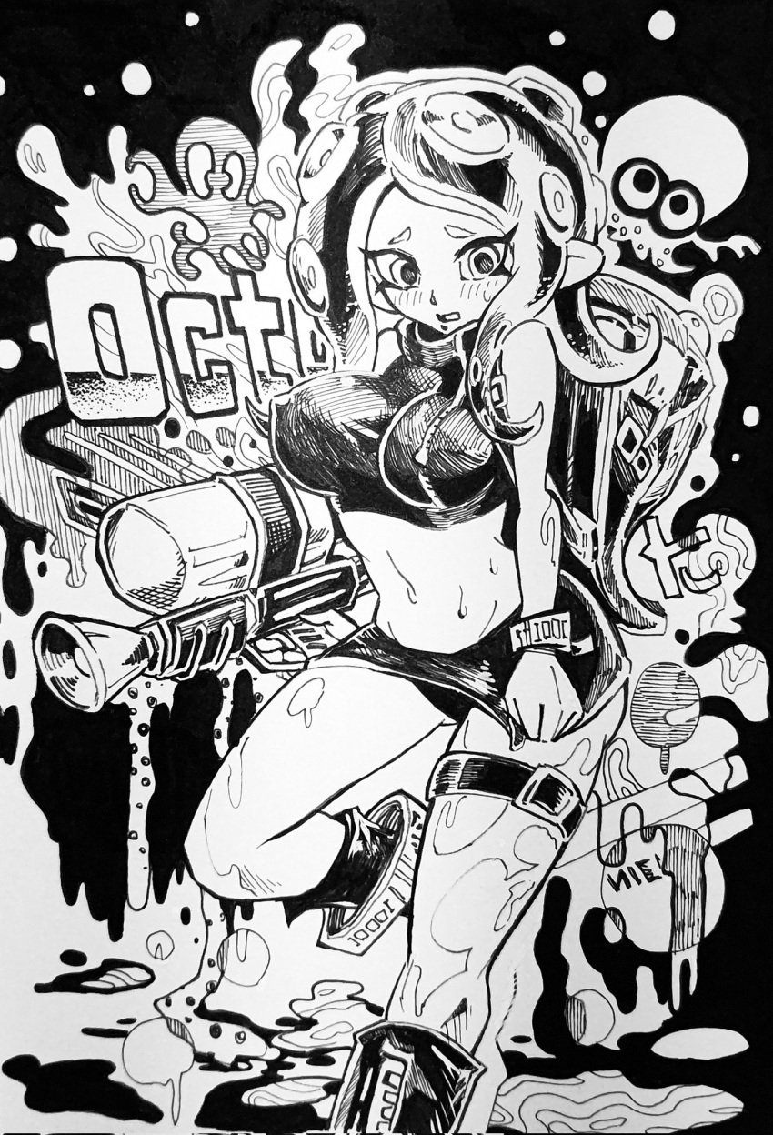 agent_8_(octo_expansion) agent_8_(splatoon) belly_button big_breasts black_and_white black_panties blush bracelet crop_top cute dokudami_so_(artist) exposed_midriff gun holding_skirt holding_skirt_down knee_boots large_breasts leather_clothing manga manga_style microskirt midriff miniskirt nintendo octoling octoling_girl panties_visible_under_skirt sleeveless_jacket splatoon splatoon_2 splatoon_2:_octo_expansion tagme tagme_(artist) thigh_strap upskirt weapon