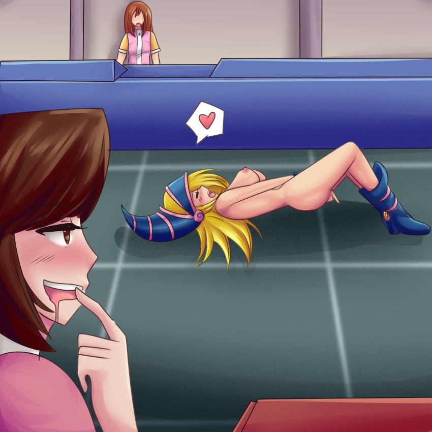 3girls being_watched blonde_hair blush breasts brown_hair clothed_female dark_magician_girl drooling female_focus horny horny_female masturbation multiple_girls nipples nude nude_female public_indecency public_masturbation saintxtail serenity_wheeler smile tea_gardner turned_on yu-gi-oh!