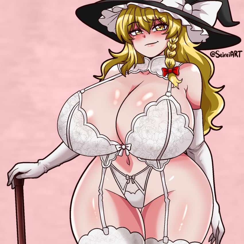 1girls artist_name big_breasts blonde_hair breasts cleavage hat huge_breasts light-skinned_female lingerie long_hair marisa_kirisame pink_background seireiart solo solo_female thick_thighs thighs touhou watermark white_lingerie witch_hat yellow_eyes