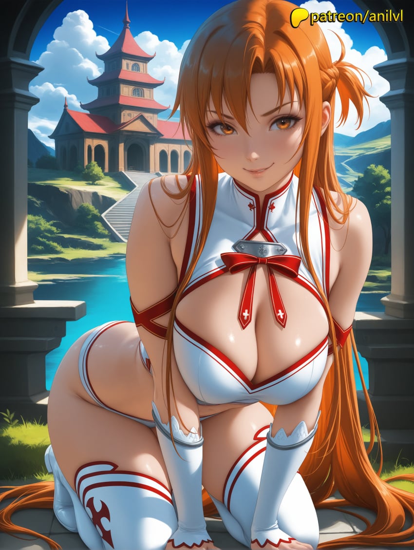 1girls 2024 ai ai_assisted ai_generated anilvl anime anime_girl anime_style architecture artist_name bangs bare_shoulders big_breasts big_breasts big_breasts big_chest blue_sky boots braid breast breasts breasts breasts brown_eyes brown_hair bust busty chest cleavage cloud cloudy_sky day detached_sleeves female grass hi_res high_quality high_resolution highres large_breasts long_hair looking_at_viewer mountain outdoors patreon patreon_username sky smile solo stable_diffusion swimsuit sword_art_online thighhighs tree very_long_hair watermark white_legwear yuuki_asuna