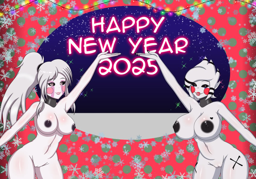 2025 2girls big_breasts black_nipples blackfox6409 breasts female_focus female_only five_nights_at_freddy's five_nights_in_anime five_nights_in_anime_2 fnaf fnc fnia fredina's_nightclub gray_eyes happy_new_year lipstick looking_at_viewer marie_(cally3d) new_year_2025 nipples nude nude_female puppet_(cally3d) puppet_(fnaf) puppet_(fnia) pussy red_lips smile smiling_at_viewer sparkles white_body white_eyes white_hair white_skin wide_hips