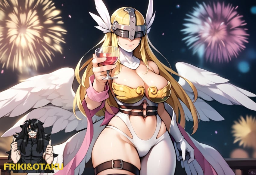 ai_generated angel_girl angel_wings angewomon blonde_hair digimon fireworks friki8otaku happy_new_year large_breasts meme new_year no_sex the_great_gatsby