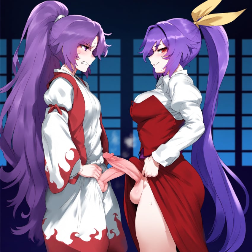 2futas ai_generated angry balls blush clenched_teeth dress_lift futa_with_futa futanari hair_ribbon indoors japanese_clothes large_penis looking_at_another looking_at_viewer meira nai_diffusion ohhai223 open_pants penis penis_size_difference penises_touching ponytail purple_eyes purple_hair red_eyes self_upload smug touhou touhou_(pc-98) watatsuki_no_yorihime