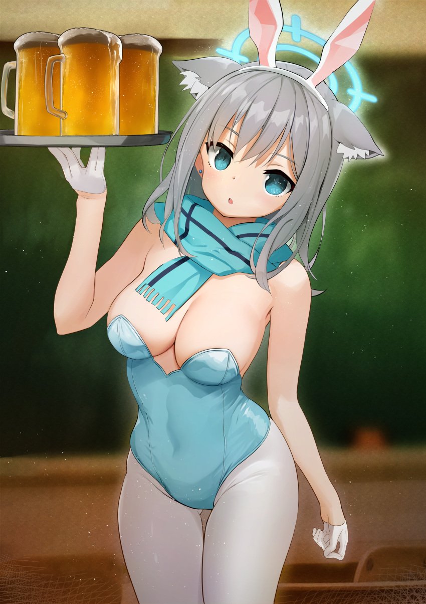 1girls absurd_res absurdres alcohol anshinmama areolae armpits beer beer_mug belly belly_button blue_archive blue_bunnysuit blue_eyes blue_eyes_female blue_halo blue_scarf blurred_background blurry_background bunny_ears bunnygirl bunnygirl_outfit cleavage collarbone dot_nose ear_piercing elbows female female_focus female_only fingers grey_eyebrows grey_hair grey_hair_female grey_legwear grey_pantyhose groin hair_between_eyes halo head_tilt high_resolution highres hourglass_figure leaning_to_the_side legs legwear light-skinned_female light_skin long_hair looking_at_viewer medium_breasts navel open_mouth pantyhose pussy scarf shiroko_(blue_archive) shoulders silver_hair_female slender_body slender_waist slim_girl slim_waist solo standing thick_thighs thigh_gap thighs thin_waist tilted_head tray upper_body v-line white_bunny_ears white_gloves wide_hips