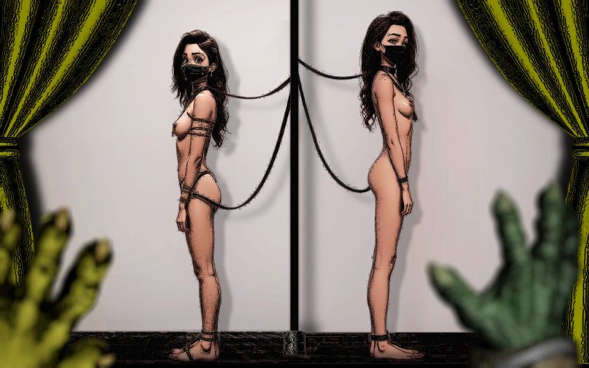 2girls auction black_hair bondage face_mask height_difference multiple_girls nude nude_female original slave slave_auction slavegirl spicebound